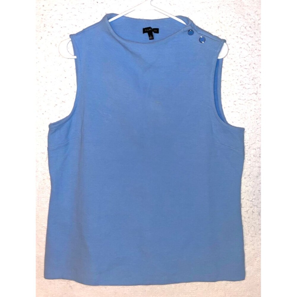 Talbots Womens L Sleeveless Knit Top Shoulder Buttons Ribbed Blue Stretch Cotton